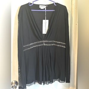 NEW Compliments, NET, black dressy top, flowy, sheer sleeves, fooler tank layer